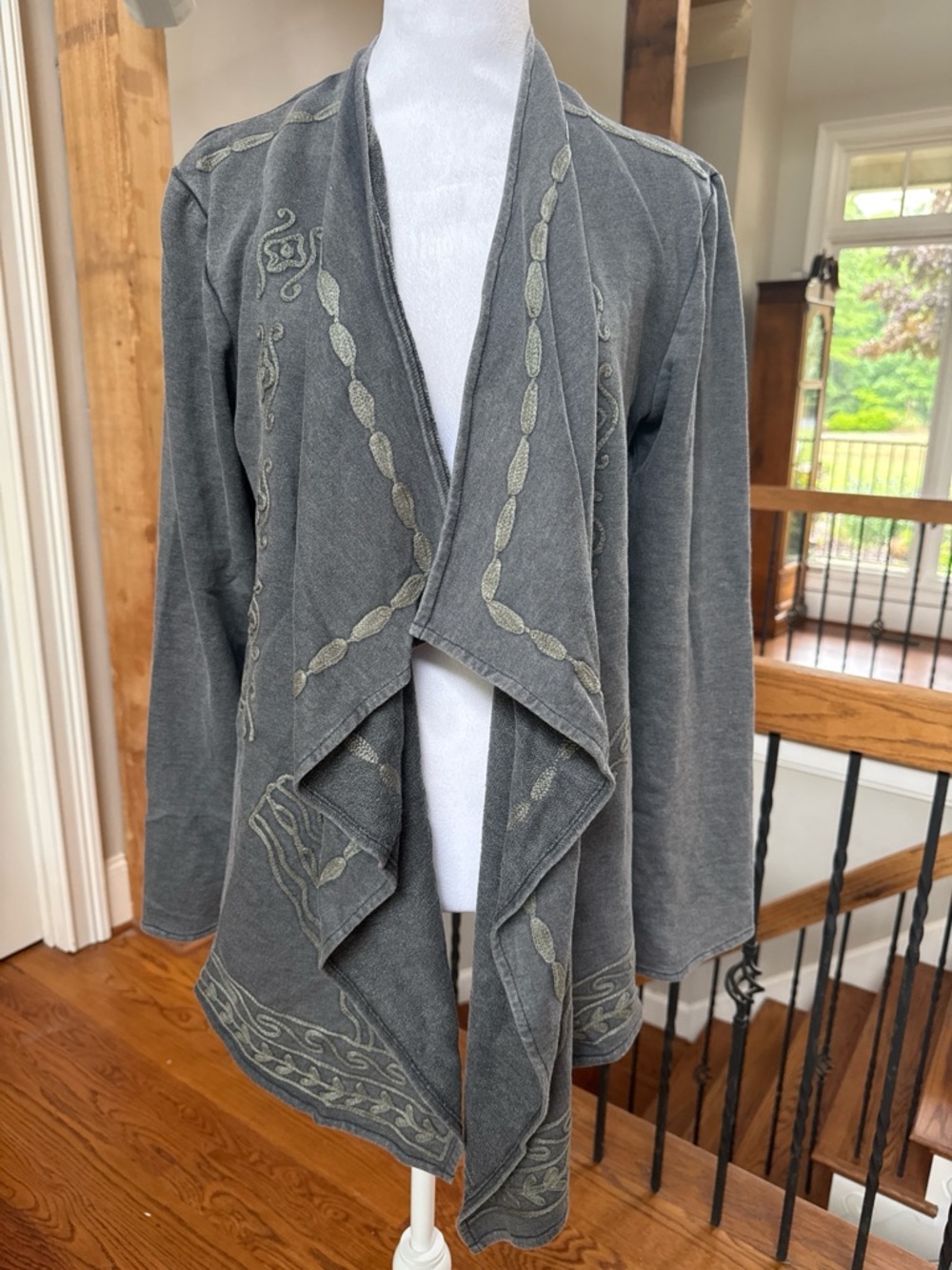 Young Threads gray Embroidered Waterfall Open-Front Embroidered Cardigan